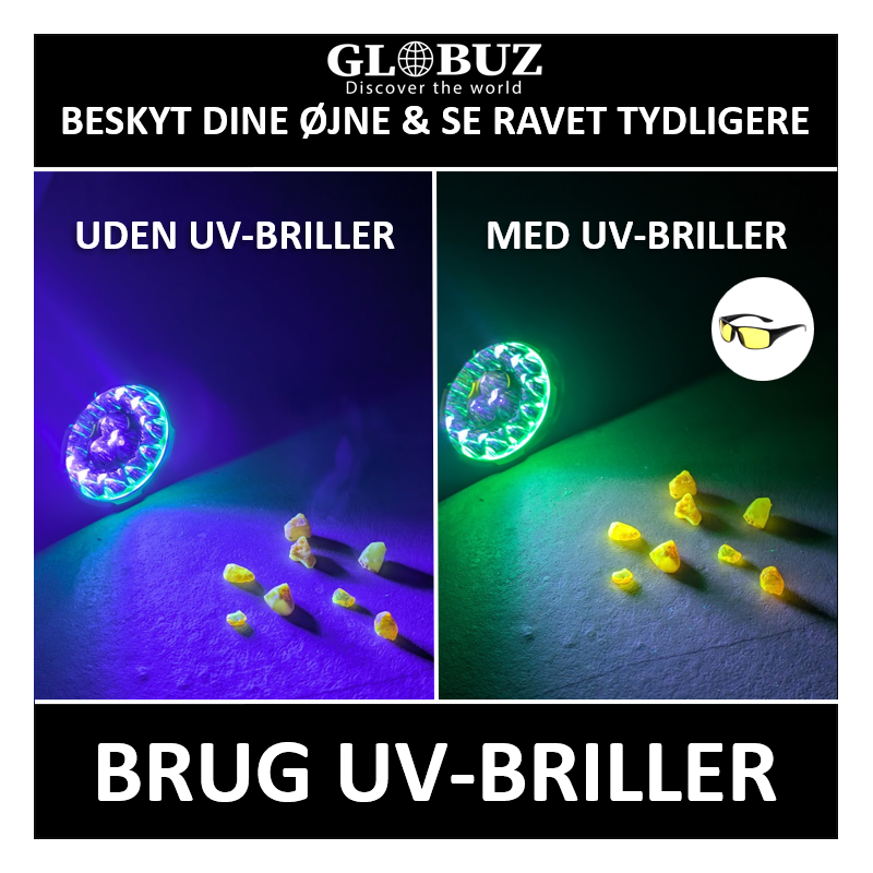 UV brille til  rav-jagt. Beskytter mod UV lys fra ravlygten